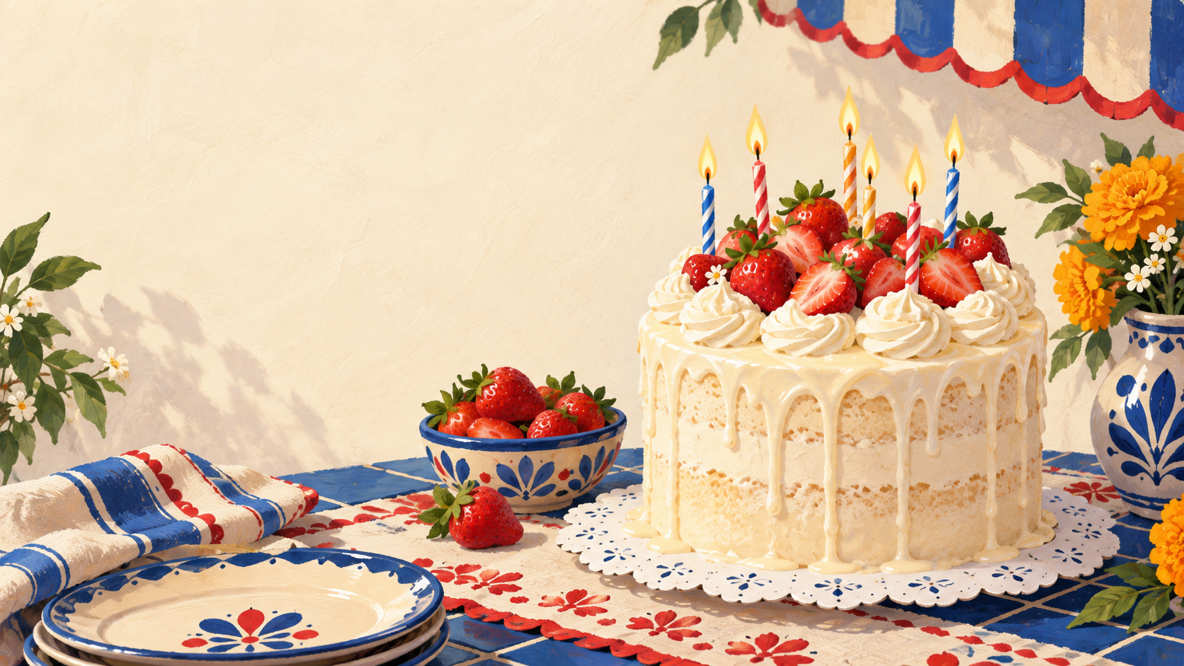 Illustration of a tall strawberry tres leches celebration cake with candles