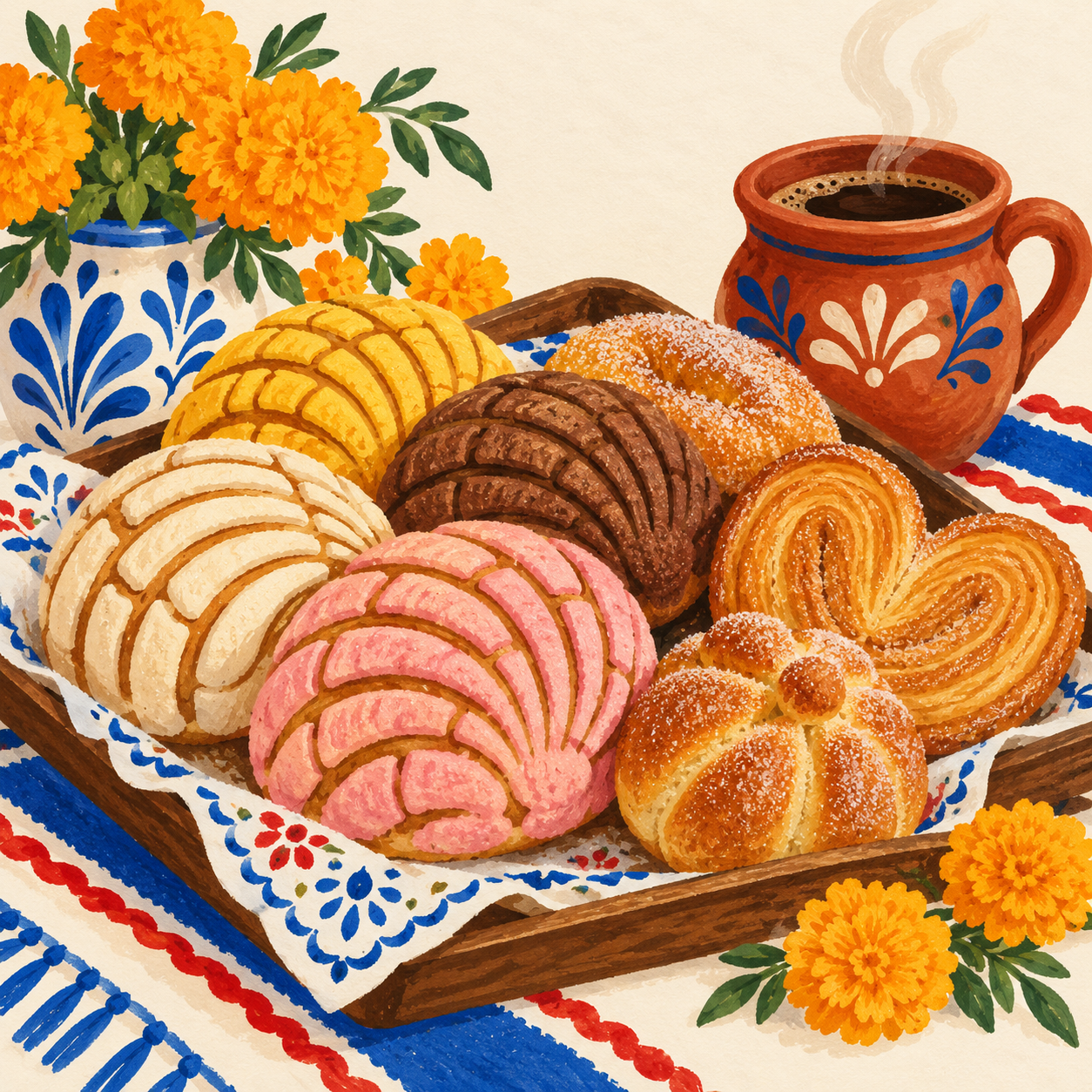 Illustration of a tray of conchas and Mexican sweet breads beside a clay mug of coffee